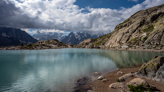 Panorama of the Mont Blanc massif from Lac Blanc around Chamonix in summer