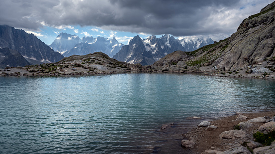 Panorama of the Mont Blanc massif from Lac Blanc around Chamonix in summer