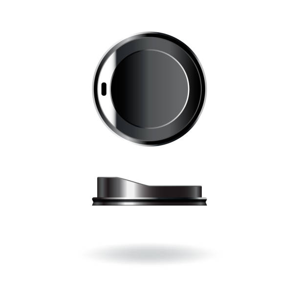 Black plastic coffee-tea cup cover, cap, lid mockup template. Black plastic coffee-tea cup cover, cap, lid mockup template. Isolated on white background with shadow. Ready to use for brand design. Vector illustration. corporate identity packages stock illustrations