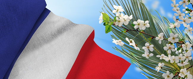 Image of the flag of France waving in the wind and beautiful festive colors