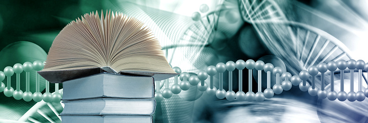 An image of an open book that lies on a stack of books against the background of stylized DNA chains