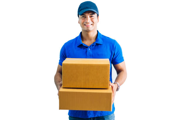 istock Deliveryman holding cardboard box isolated on white background 1618765791