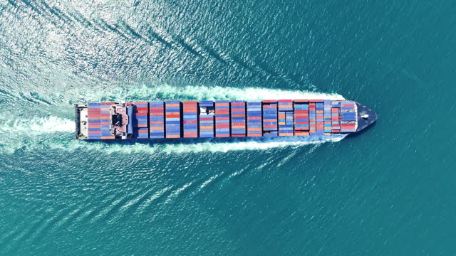 Top view of Cargo container Ship, cargo vessel ship carrying container and running for import export concept technology freight shipping sea freight by Express Ship.