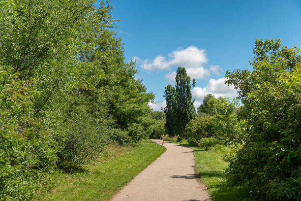 istock Walking path in the park area in clear, warm weather 1618768143