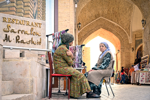 Bukhara, Uzbekistan - April 10, 2023 - The Uzbeks are a Turkic ethnic group native to the wider Central Asian region, being among the largest Turkic ethnic group in the area. They comprise the majority population of Uzbekistan, next to Kazakh and Karakalpak minorities, and are also found as a minority group in Afghanistan, Tajikistan, Kyrgyzstan, Kazakhstan, Turkmenistan, Russia, and China