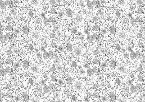 Vector illustration of Seamless pattern of flowers on white background. Vector illustration. Delicate and beautiful. Background drawn with black lines.