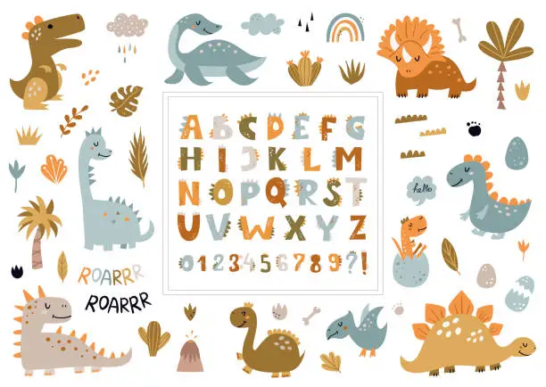 Vector illustration of Big collection of cute dinosaurs, alphabet and numbers.
