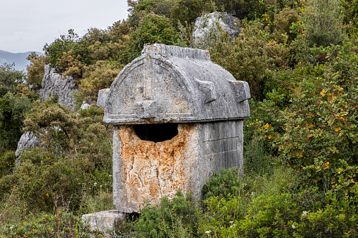Ancient Lycian tombs in Kalekoy near Simena Castle, Antalya Province, Turkey