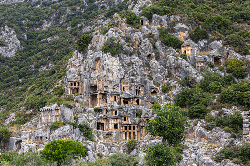 Archeological remains of the Lycian rock cut tombs in Myra, Turkey