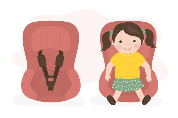 Vector illustration of Cute little girl sitting in car seat, safety car transportation of small kids. Baby on board. Child safe and comfortable drive in car. Family travel. Empty child backseat