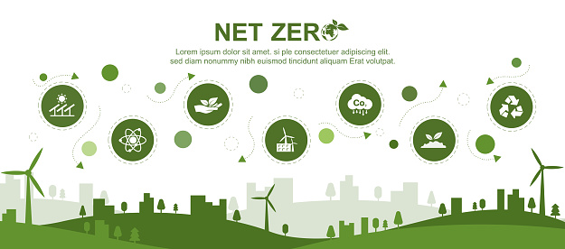 Net zero concept. Net zero greenhouse gas emissions target. Climate neutral long term strategy with green net zero icon and green icon on white  background.