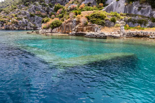 The ruins of the Lycian sunken ancient city of Kekova on Kekova island, Antalya province, Turkey.