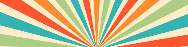 Vector illustration of Groovy 60s and 70s background, blending vintage carnival and retro sun patterns. rainbow swirls, poster elements, funky rays, and circular circus vibes. Flat vector illustration isolated