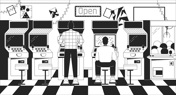 Arcade video gaming black and white lo fi aesthetic wallpaper. Old school machines outline 2D vector cartoon objects illustration, monochrome lofi background. Bw 90s retro album art, chill vibes