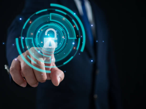 istock Businessman finger pressing on virtual key. Represents protection from outside hacking. The concept of code protection. Viruses, firmware and malware. 1618821311