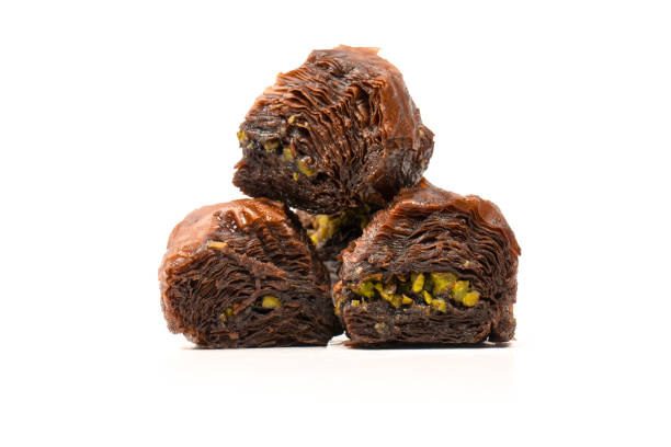 Turkish chocolate baklava isolated on white background.
