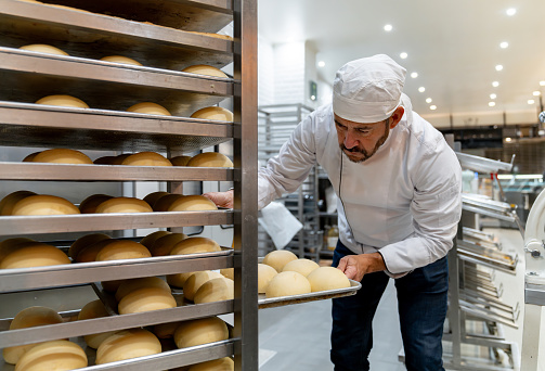 Latin American baker moving a tray of fresh bread while working at a bakery - baking concepts