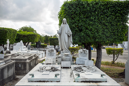 The Cristóbal Colón Cemetery is one of the most notable burial grounds in Havana, Cuba, and holds cultural and architectural significance. It features a vast expanse of ornate tombs, mausoleums, and sculptures that showcase a blend of architectural styles, including neoclassical and Art Deco influences.\n\nThe cemetery is named after Christopher Columbus and serves as the final resting place for many prominent figures from Cuban history, including politicians, artists, writers, and other notable individuals. Its grandeur and architectural beauty make it not only a place of remembrance but also a testament to the artistic achievements of various time periods.\n\nThe Cristóbal Colón Cemetery serves as a historical repository, reflecting the social and cultural tapestry of Cuba. Visitors are drawn to its intricate funerary art and the stories of those interred within its grounds. It stands as a significant cultural and architectural landmark within Havana and a place where history, art, and reverence converge.