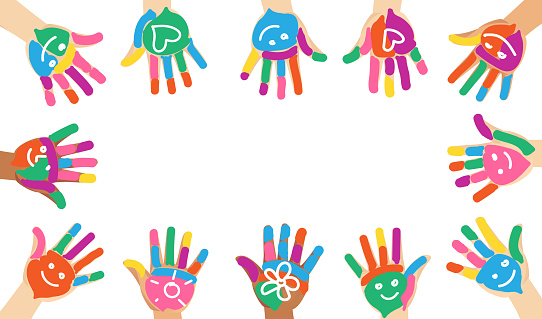 Multiethnic diverse painted colorful hands of children with smile and heart shape isolated vector illustration on white background