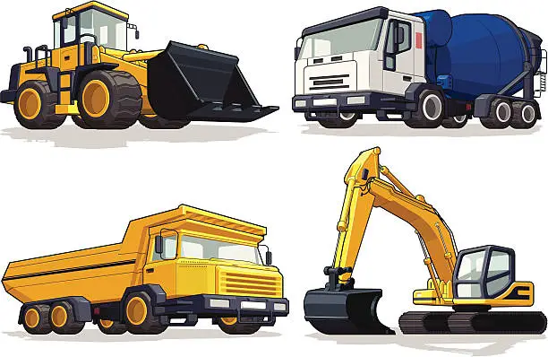 Vector illustration of Construction Machine - Bulldozer, Cement Mixer, Haul Truck & Excavator