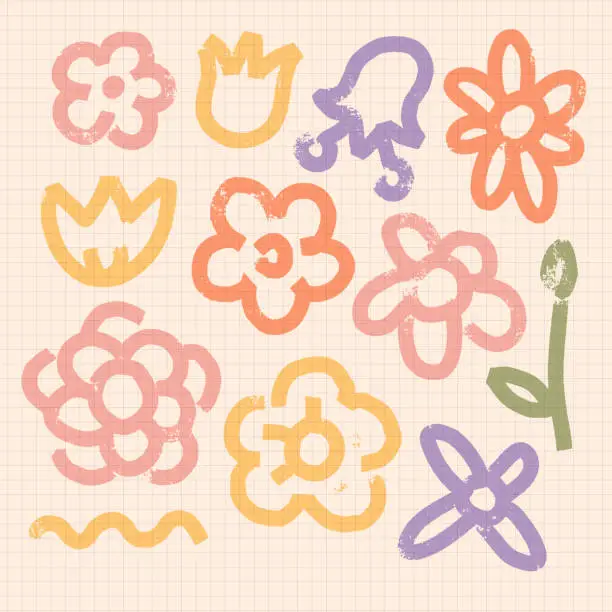 Vector illustration of Colorful set of various hand drawn abstract flowers shapes in bold doodle style. Childish cute drawing on a checkered notebook sheet . Modern design elements. Vector crayon texture.