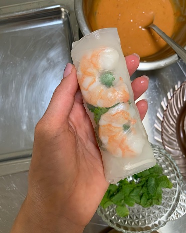 rice paper dessert, inside shrimp and vegetables, prepared in mexico latin america