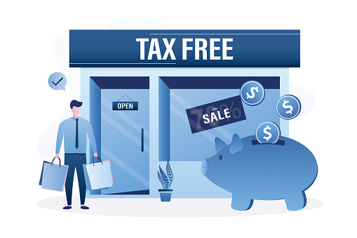 Tax free service. Male customer with bags after shopping. Saved money falls into the piggy bank. Vat free trading, refunding vat services, duty free zone, airport discount shop. vector illustration