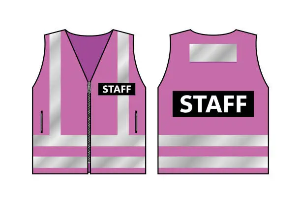 Vector illustration of Pink fluorescent security safety work jacket with reflective stripes. Safety reflective vest with label - STAFF. Front and back view, uniform vest, isolated on white background.