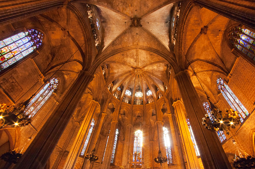 Gothic cathedral ceiling, Barcelona, Catalonia, Spain.