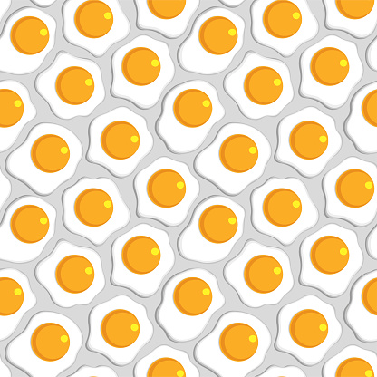 Vector seamless pattern of fried eggs with yellow yolks and whites of an abstract shape on a gray background