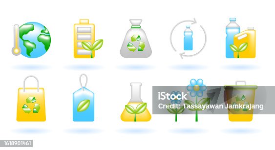 istock 3D Icon Set of Ecology Sustainability Environment Concept. Hot Earth, Battery, Trash, Bottle, Bag, Tag, Flask, Flower, Bin. Cute Realistic Cartoon Minimal. 3D Render Vector Icons Isolated Illustration 1618901461