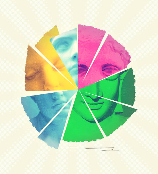 Collage with antique sculptures as human face in pop art style. Modern creative concept image with ancient statue head. Contemporary art poster