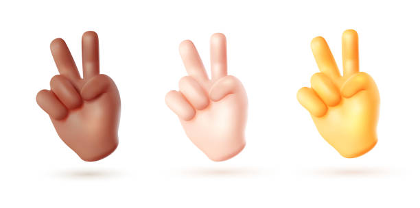istock Vector set of illustration of hand gesture sign v on white color background. 3d vector style diversity emoji design of man black and white skin hand 1618912648