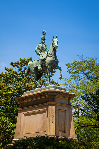 August 7, 2019: Statue of Prince Komatsu-no-miya Akihito in Ueno Park in Tokyo, was built in 1912. He was an Imperial prince who commanded forces in the Boshin War and was a patron of Japanese Red Cross Society.