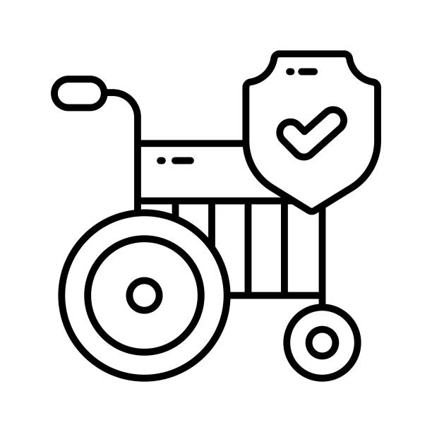 ilustrações, clipart, desenhos animados e ícones de cadeira de rodas com escudo de segurança, ícone do conceito de seguro de invalidez, benefício por incapacidade - disablement