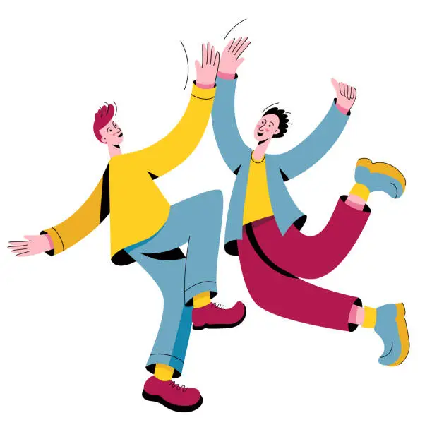 Vector illustration of Happy men jumping, high fiving and smiling. Jumping people clap their hands. High-five greeting