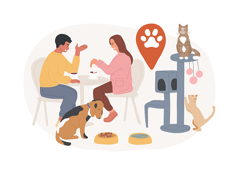 Pet friendly place isolated concept vector illustration. Animals welcome sign, dog friendly restaurant, place to stay with pets, free walking area, shopping, bed and breakfast vector concept.