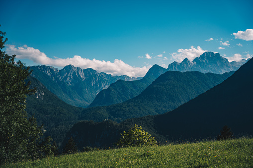 Scenic panoramic view of idyllic rolling hills landscape with blooming meadows and snowcapped alpine mountain peaks in the background on a beautiful sunny day with blue sky and clouds in summertime