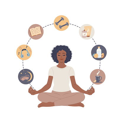 Self care personal health habits combination for wellness person concept. Daily lifestyle for happiness and physical or emotional peace vector illustration. Activities combination for good body.