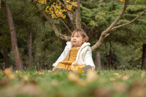 Baby girl sitting by herself in nature in autumn