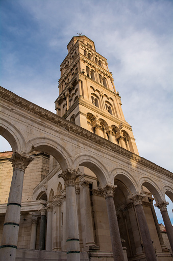 The Romanesque bell tower of the Cathedral of Saint Domnius - Katedrala Svetog Duje - in Split, Croatia. Seen from Peristil