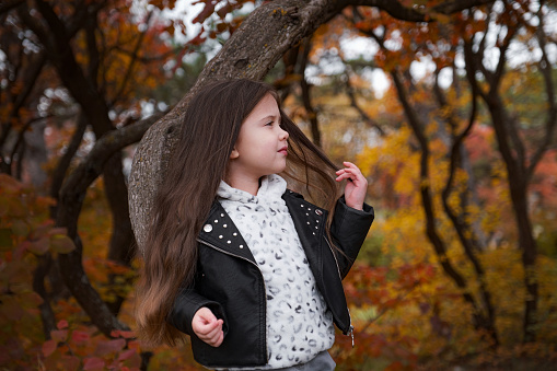 Cute kid girl 4-5 year old wearing sweater and jacket in park. Looking at camera. Autumn season. Childhood. fashionable stylish and charming little lady