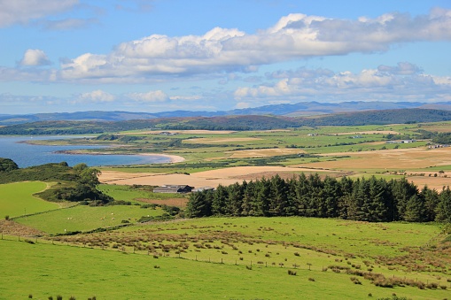 View looking north over the fields of the western side of the Isle of Bute, Scotland.