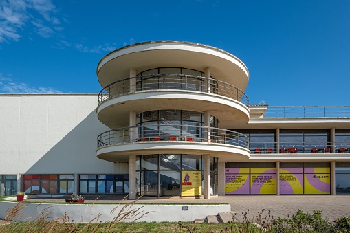 Bexhill, United Kingdom – August 03, 2023: A circular white building in Bexhill, UK on a sunny day