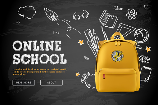 Back to school, online school banner. Yellow backpack with school supplies on the background of a black chalkboard with different doodle scientific icons, vector illustration