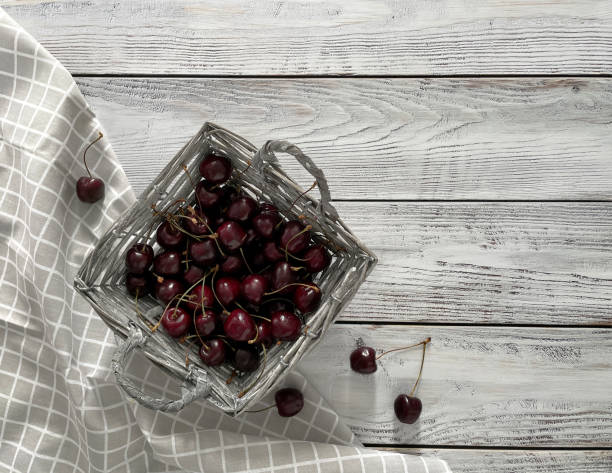 istock Red cherries in a wicker basket 1619016467