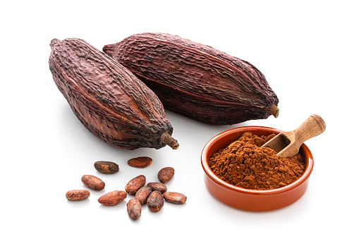 Cocoa pods, cocoa beans and cocoa powder isolated on white background. High resolution 42Mp studio digital capture taken with Sony A7rII and Sony FE 90mm f2.8 macro G OSS lens