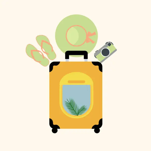Vector illustration of holiday suitcase with an airplane window on it and some necessary materials for the holiday