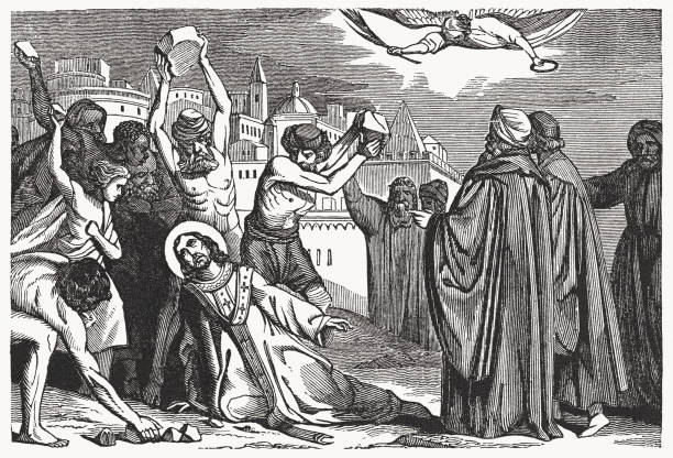 Stoning of Stephen (Acts 7, 54-60), wood engraving, published 1837 The Stoning of Saint Stephen (Acts 7, 54 - 60). Wood engraving, published in 1837. martyr stock illustrations