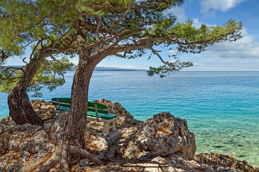 idyllic resting Place at Promenade of Brela,Makarska Riviera,adriatic Sea,Dalmatia region,Croatia
